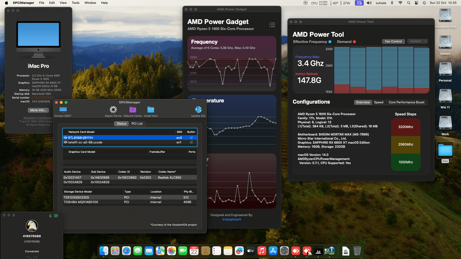 Success Hackintosh macOS Sonoma 14.0 Build 23A344 in MSI B450M Mortar Max + AMD Ryzen 5 1600 + Sapphire RX 6600 XT